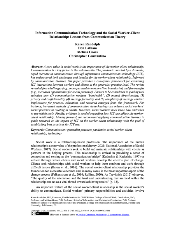 Image of first page of reading for the continuing education course Information Communication Technology and the Social Worker-Client Relationship: Lessons from Communication Theory